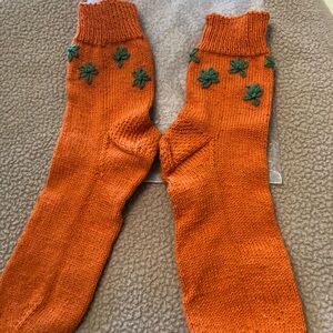 Brand New Ojai Artisan Orange  Knit Socks with Green Embroidery